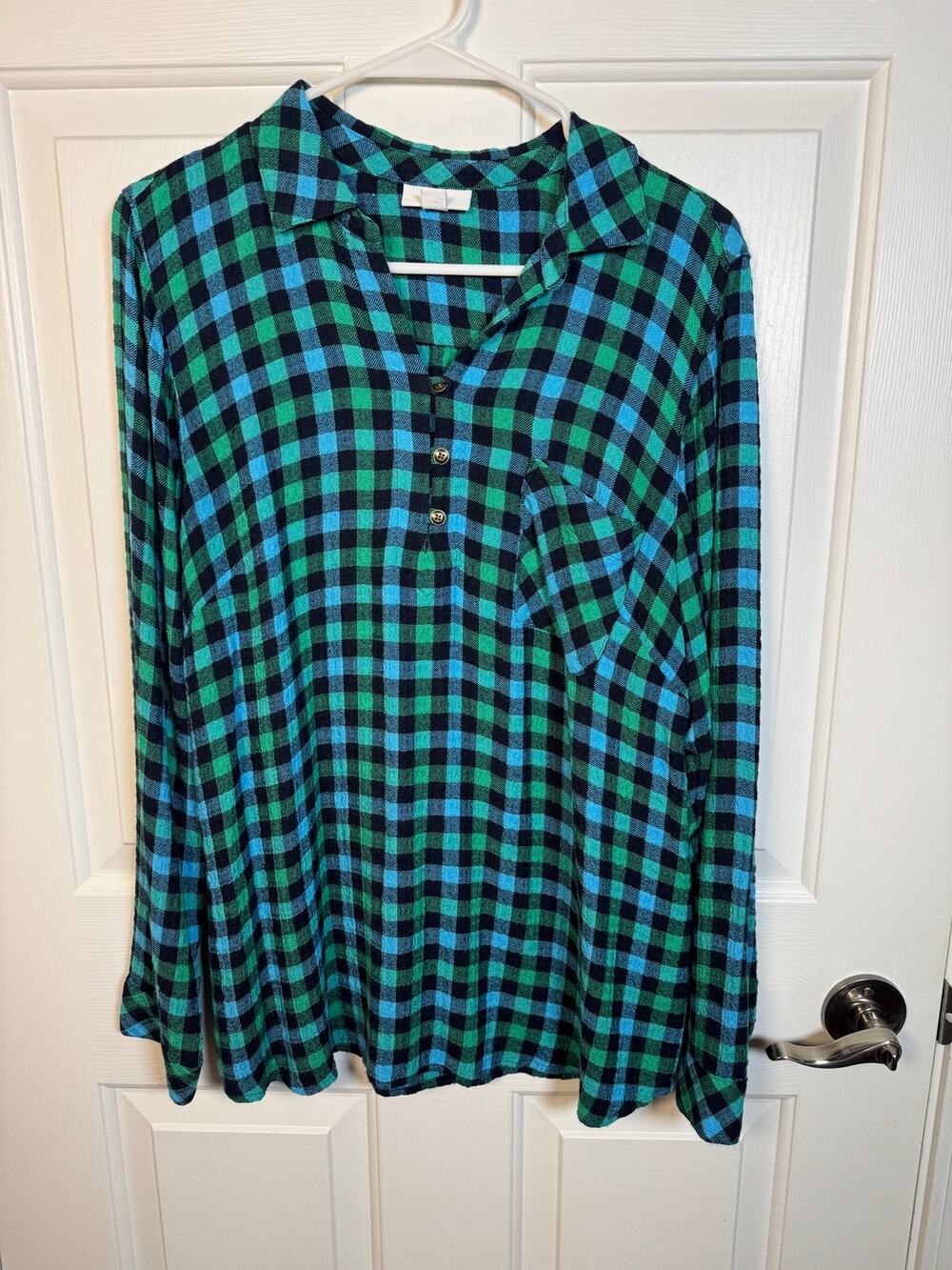 J. Jill Plaid Henley Popover Long Sleeve Shirt Blue Green Buffalo Check Med